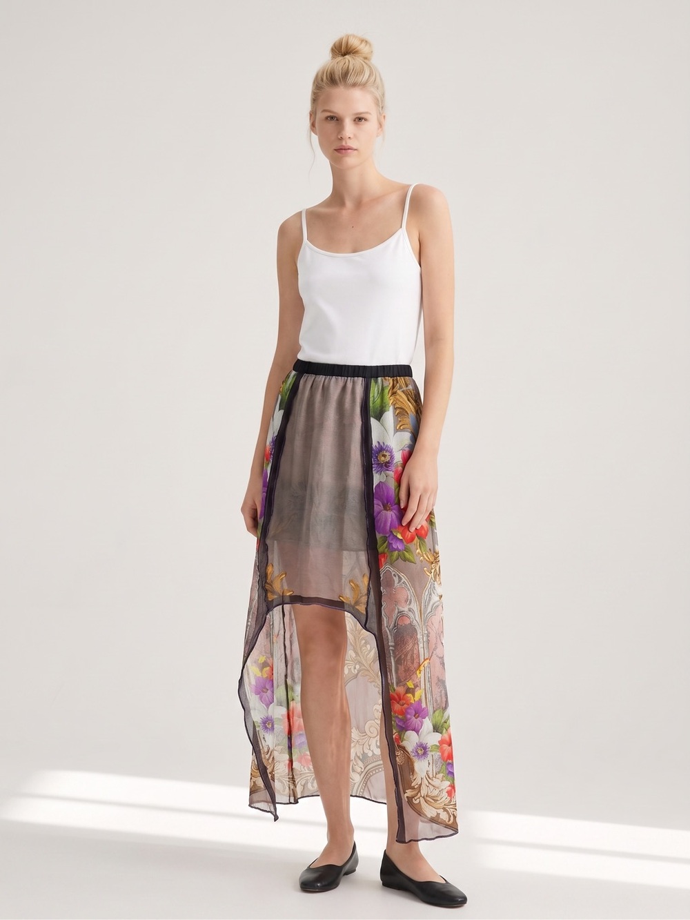 Y2K Whimsygoth Fairy Sheer Floral High-Low Maxi Skirt - Black Floral. Silky. VTG